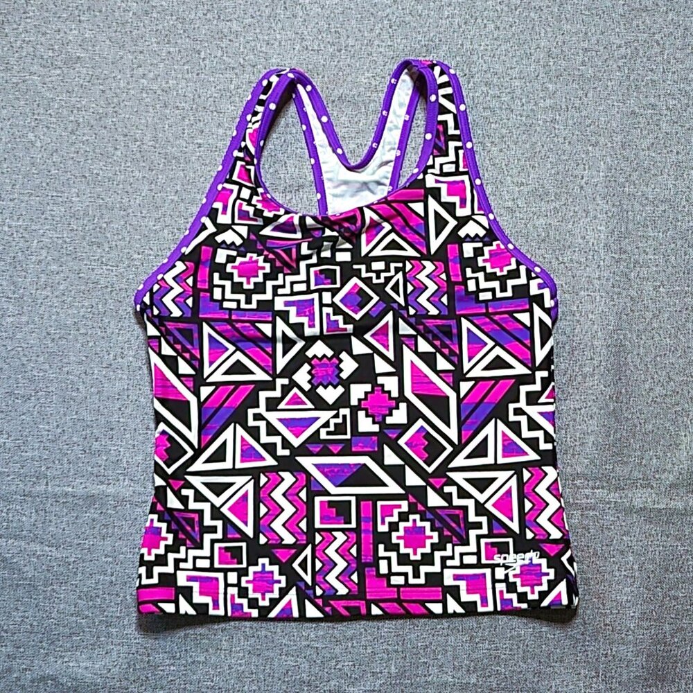 Speedo Girls Swimwear Size 12 Racerback Tankini Top Purple Pink Black Geometric